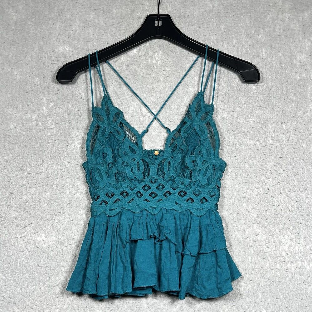 Free People Intimately X-Small Teal Adella Cami Top Ruffle Crochet Lace Smocked